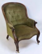 Victorian mahogany gent's chair with swept spoon back, upholstered in pale green button back 380-120