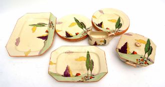Box of Pallasey tea wares with Art Deco design circa 1930s comprising dinner plates, smaller plates,