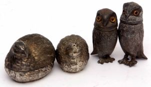 Four cruet items, all formed as birds comprising two pewter owls and two game birds, various sizes