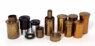 Mixed Lot: six various brass cased microscope lenses, together with assorted eye-piece and other