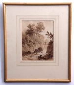 Attributed to George Jessup, sepia watercolour, Figure and dog on stick bridge over a rocky river,