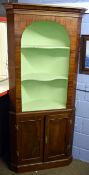 Victorian mahogany full height corner cupboard, upper section with painted shelves with cupboard