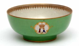 Copeland Spode green ground bowl with heraldic design, the base entitled "Copeland Spode