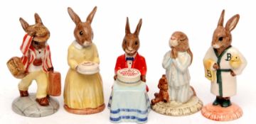 Collection of five Bunnikins figures including 60th Anniversary Bunnikins and Happy Birthday