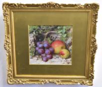 Attributed to John Sherrin, gouache, Still Life study of mixed fruit on mossy bank, 18 x 18cms