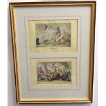 After Rowlandson etc and others, group of 12 coloured engravings in six frames, Comical scenes