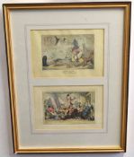 After Rowlandson etc and others, group of 12 coloured engravings in six frames, Comical scenes