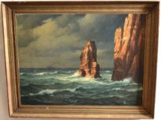 PAUL WOLDE, oil on canvas, signed and inscribed "Hamburg" lower left, Ship off a rocky coast 59 x