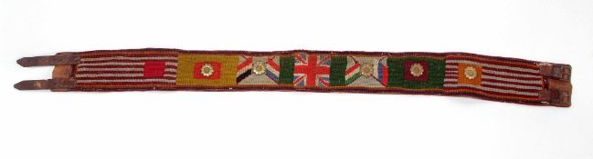 First war period needlepoint stable belt with applied panel depicting the Allied flags and