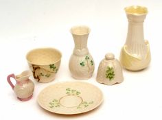 Group of third period Belleek wares including a breakfast cup and saucer, two vases and a small