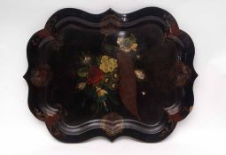 Large 19th century papier mache tray, the centre painted with the scene of a peacock amidst foliage,