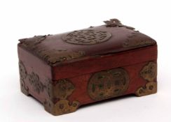 Chinese hardwood box and cover with metal mounts, 13cms diam