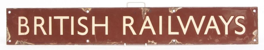 Mid-20th century enamelled railway sign of elongated rectangular form and marked "British