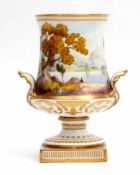 Early 20th century Royal Crown Derby vase on a square base with moulded acanthus handles, the body