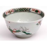 Chinese Qing dynasty famille vert bowl decorated with Chinese figures in a landscape, the interior