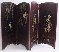 Two Oriental Shibayama two-fold screens, the panels applied/inlaid on either side with birds,