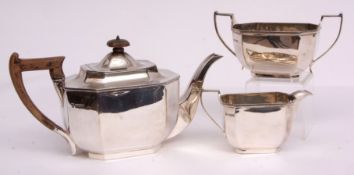 George V three-piece tea set comprising tea pot, sugar basin and milk jug, all of rectangular form