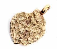 Large yellow metal textured "nugget" pendant, on a plain polished bale, 6cm x 4cm, 44gms