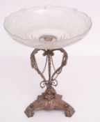 Late 19th century electro-plated and clear cut glass table centrepiece, the shallow bowl with shaped