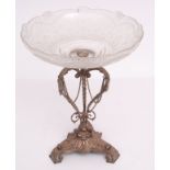 Late 19th century electro-plated and clear cut glass table centrepiece, the shallow bowl with shaped