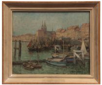 AR HILARY DULCIE COBBETT, RSMA, SWA (1885-1976) "View of the Harbour, Ostende" oil on canvas, signed