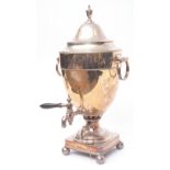 Early 20th century electro-plated tea urn of polished circular form with girdled body, pull off
