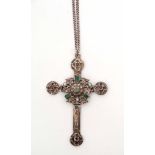 Antique Gothic Revival large ornate white metal cross, set with emeralds, pearls, and garnets, 8 x