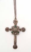 Antique Gothic Revival large ornate white metal cross, set with emeralds, pearls, and garnets, 8 x