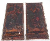 Pair of decorative reverse painted rectangular glass panels, each decorated with scenes of a