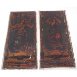 Pair of decorative reverse painted rectangular glass panels, each decorated with scenes of a