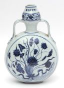 Chinese blue and white porcelain Ming style moon flask with loop handles, painted with panels of