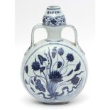 Chinese blue and white porcelain Ming style moon flask with loop handles, painted with panels of