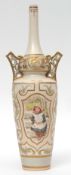 Late 19th century Doulton Lambeth Carrara vase of bottle shape with pierced handles with gilt scroll