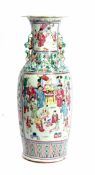 Large late 19th century Canton famille rose vase with dog of Fo handles, 61cm high