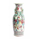 Large late 19th century Canton famille rose vase with dog of Fo handles, 61cm high
