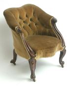 Victorian mahogany button back upholstered tub armchair, sloping arms terminating in scrolls