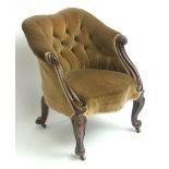 Victorian mahogany button back upholstered tub armchair, sloping arms terminating in scrolls