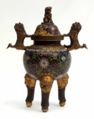 Chinese cloisonne incense burner and cover, the cover pierced with a dog of Fo finial and dragon