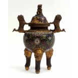 Chinese cloisonne incense burner and cover, the cover pierced with a dog of Fo finial and dragon