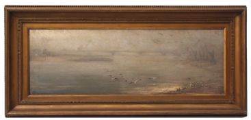 ENGLISH SCHOOL (EARLY 20TH CENTURY) Misty Thames view with bridge oil on canvas, initialled EB and