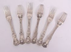 Six late Victorian Queen's pattern dinner forks with Honeysuckle heel, length 20.8cm, combined