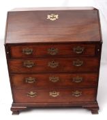 George III period rosewood bureau, fall front enclosing fitted interior of drawers and pigeonholes