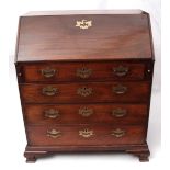 George III period rosewood bureau, fall front enclosing fitted interior of drawers and pigeonholes