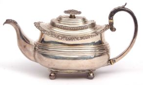 George IV tea pot of oval form with hinged and domed cover, cast and applied finial and further