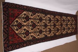 Modern Hamadan runner, double-gull border, central panel of geometric designs, mainly beige, green