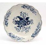 Rare Lowestoft scalloped plate, printed in blue with the Worcester style pine cone pattern, 20cm