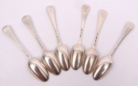 Six George II Hanoverian pattern dessert spoons with long drop bowls, crested verso (same crest as