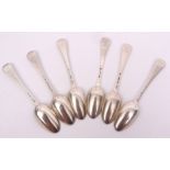 Six George II Hanoverian pattern dessert spoons with long drop bowls, crested verso (same crest as