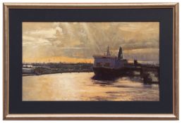 AR RONNY MOORTGAT, RSMA (born 1951) "Dusk over Ferry Port" oil on canvas, signed lower right 34 x