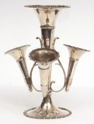 George V silver epergne centrepiece with central trumpet with strapwork frame supporting three